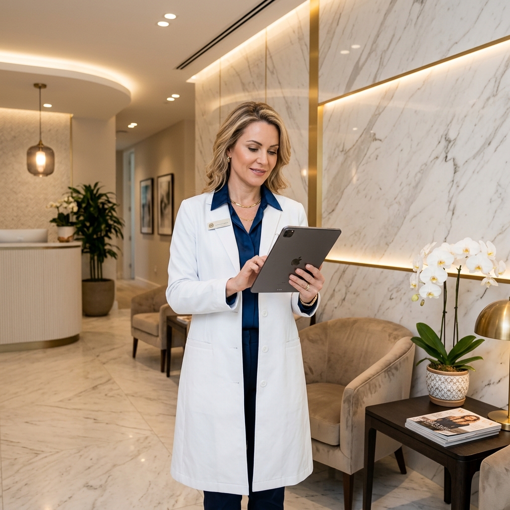 Medical professional using tablet in luxury clinic